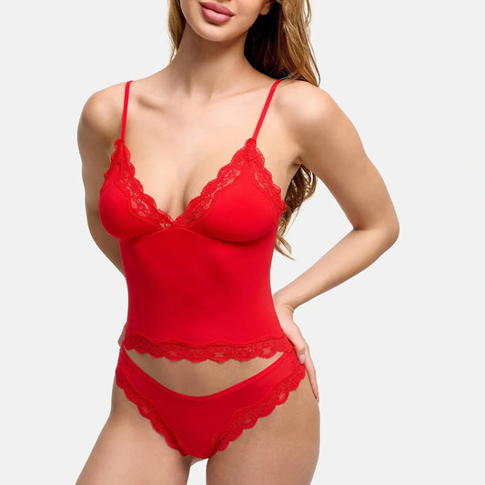 Top met diepe hals en kant